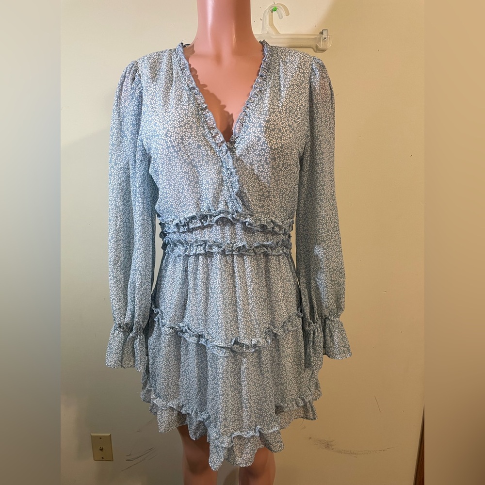 Loveriche Women's Large Blue‎ w/white flowers mini dress ruffles long sleeve
